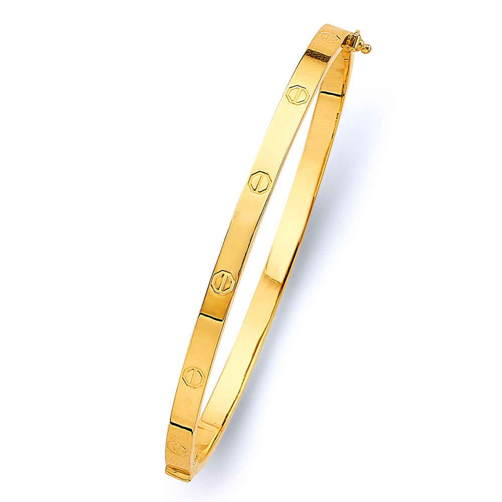 14K Italian Yellow Gold Screw Motif Bangle Bracelet | Thick Solid Gold Luxury Hinged Bracelet