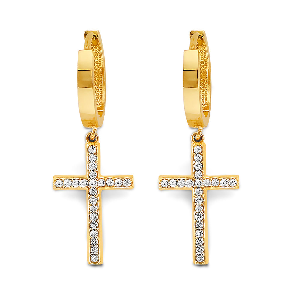 14K Two-Tone CZ Cross Huggies Earrings – Gold & Cubic Zirconia