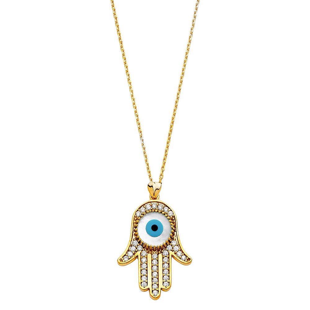 14k pure yellow gold hamsa hand evil eye necklace