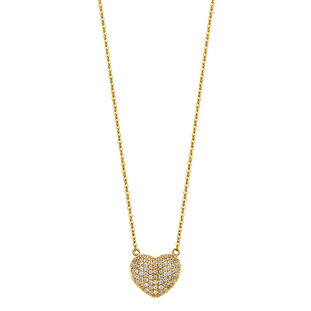 14k Pure Yellow Gold Heart Puff Pendant Necklace