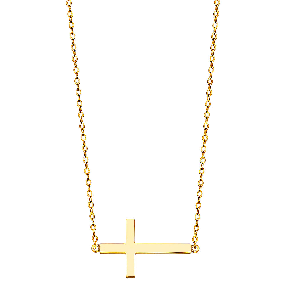 14k pure yellow gold side ways cross necklace
