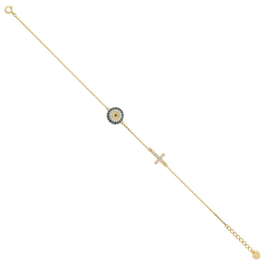 14k Pure Yellow Gold Double Bracelet with Evil Eye and Cross