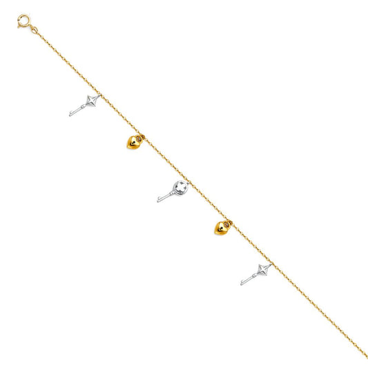 14k Pure Yellow Gold Hanging Key and Lock - Heart Charms Anklet