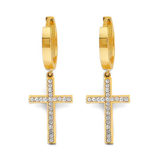 14K Two-Tone CZ Cross Huggies Earrings – Gold & Cubic Zirconia