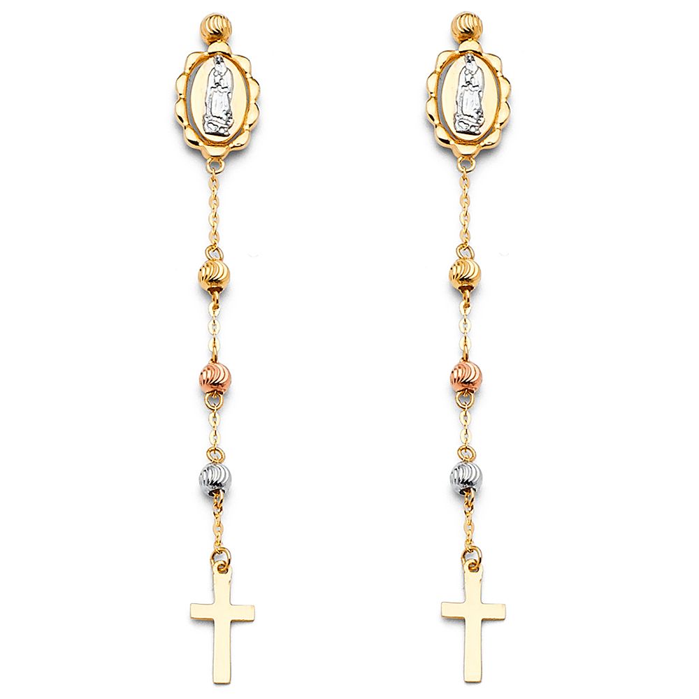 14k Tri-Colored Gold Hanging Earrings with San Antonio and a Cross