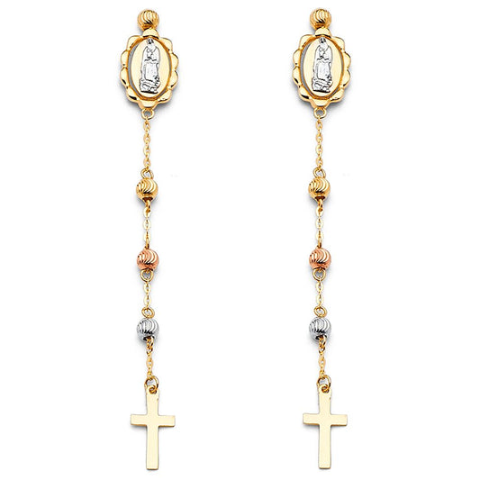 14k Tri-Colored Gold Hanging Earrings with San Antonio and a Cross