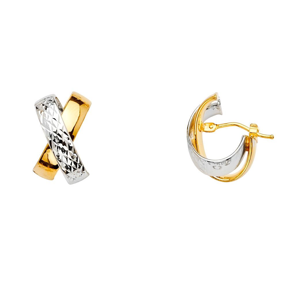 14k Two-Tone Tube X-Shape Oval Hollow Hoop Earrings