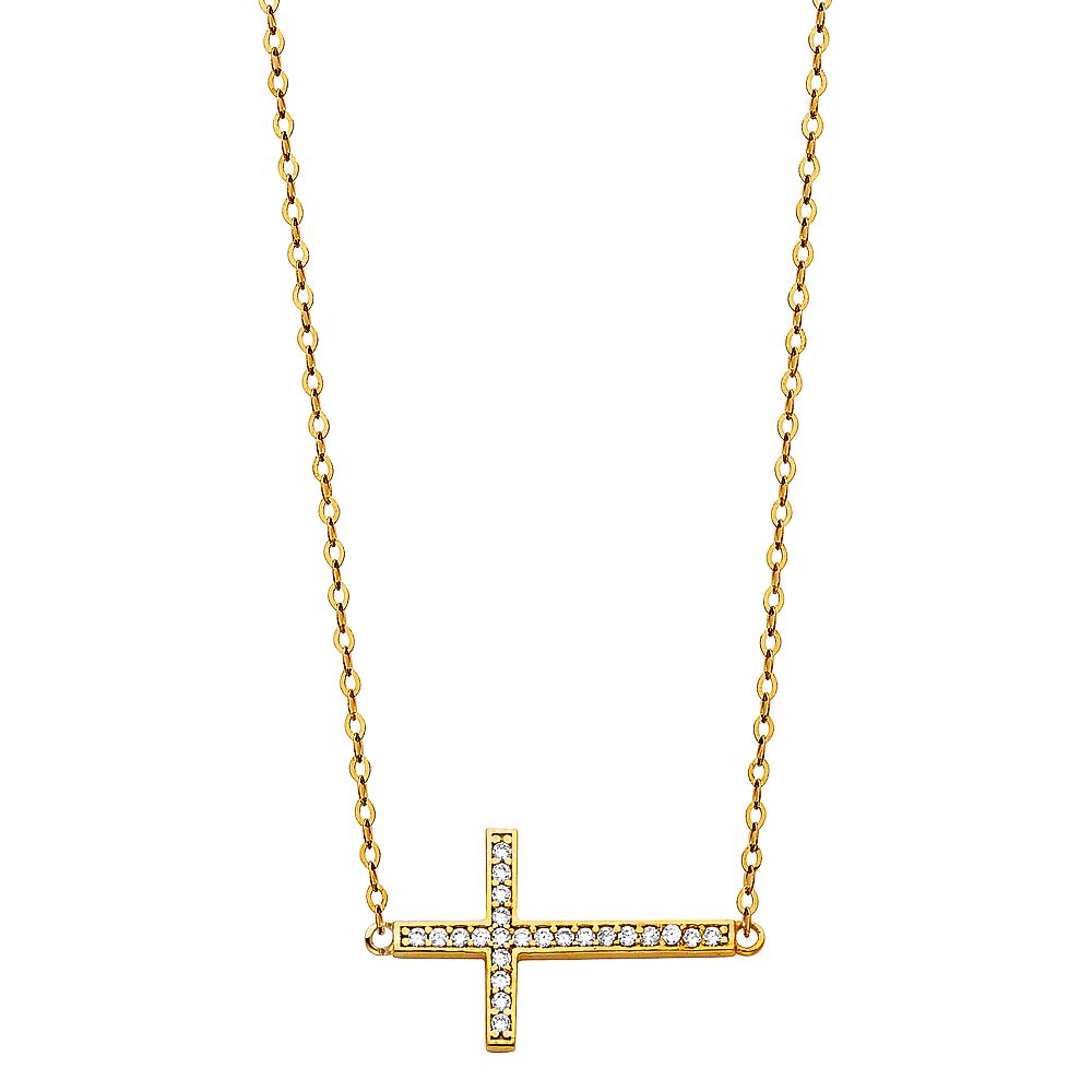 14k pure yellow gold side ways cross necklace