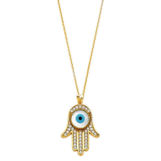 14k pure yellow gold hamsa hand evil eye necklace