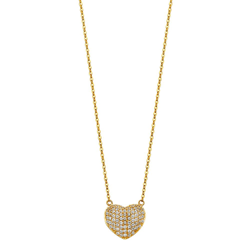 14k Pure Yellow Gold Heart Puff Pendant Necklace